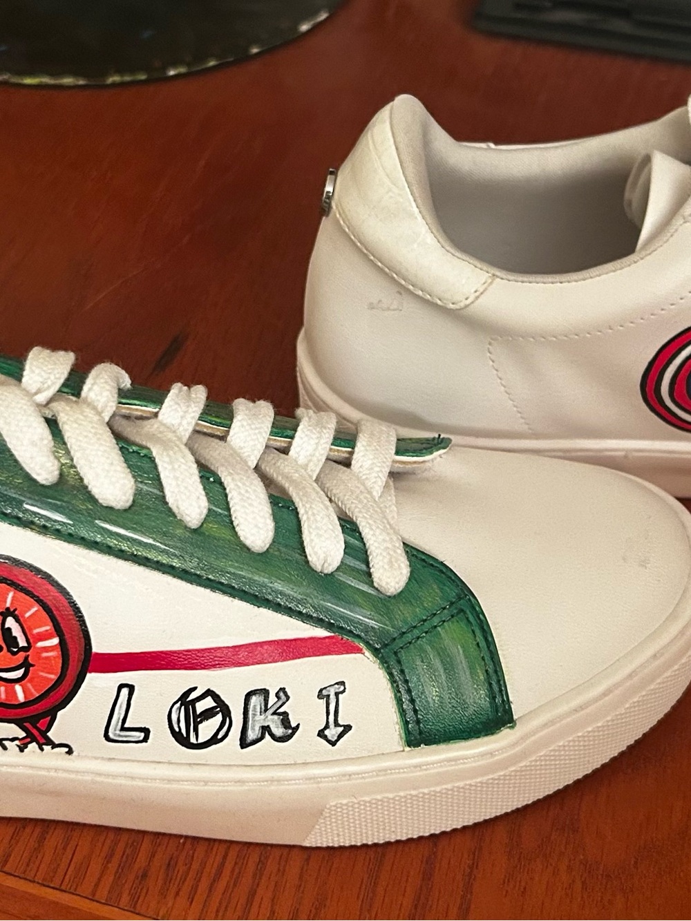 Steve Madden White Sneakers with Green and red Accents and Character Art
